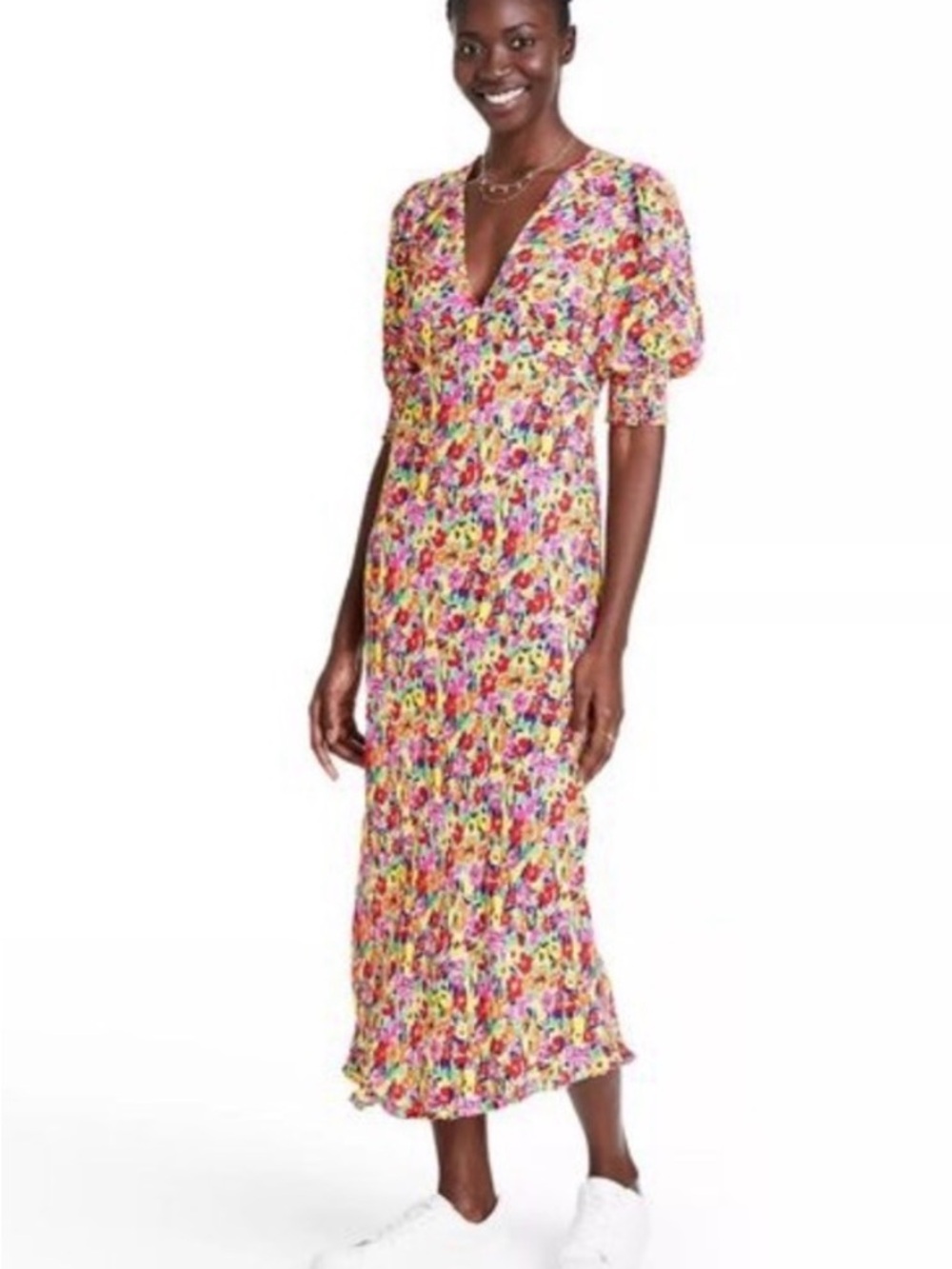Rixo for Target bright floral V-Neck Midi Dress in Multi-Color